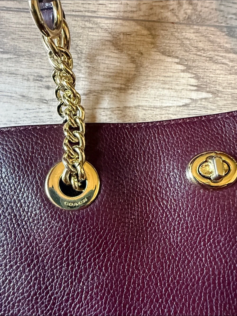 Coach Turnlock Chain Tote Bag Oxblood Leather maroon gold